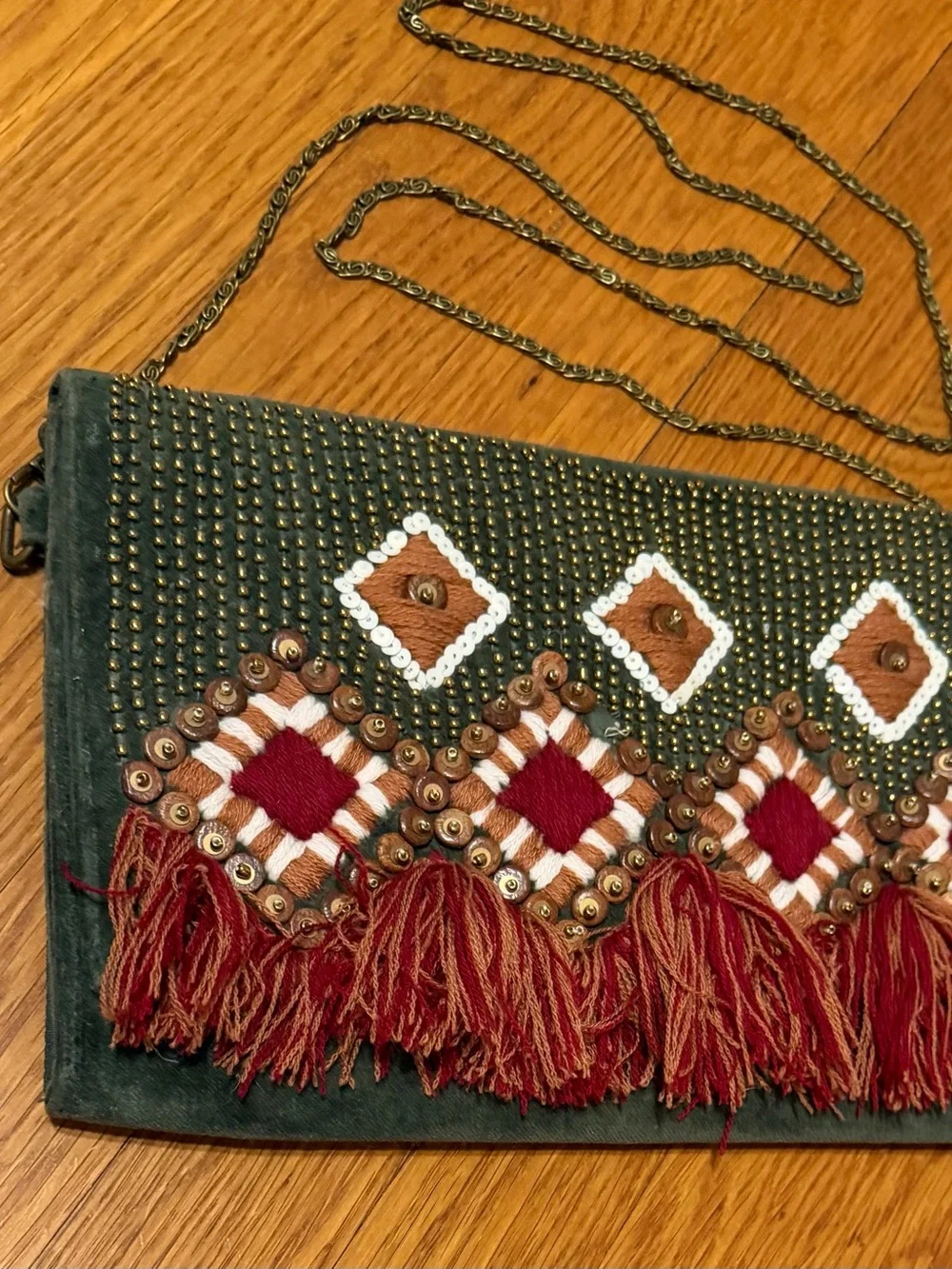 Gorgeous Boho Tassel Embroidered Green Clutch/Crossbody With Detachable Chain